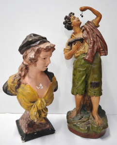 Lot 113 - 2 x Vintage Plasterware Figures inc Boy eating grapes 54cm H & Lad