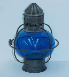 Lot 124 - 19thC Onion Lantern w Blue Glass Bulb - 34cm H - missing handle