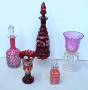 Lot 130 - Group of vintage flash cut ruby glass inc lustred epergne (24cm H), ch