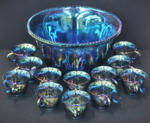 Lot 134 - 1970s Blue Iridescent Carnival Glass 13 piece Punch Set