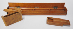 Lot 150 - 3 x vintage wooden cases inc teak desktop stamp dispenser (41 5cm W),