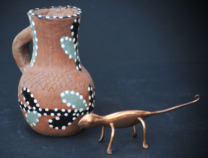 Lot 155 - 2 x Pieces incl Small Hand Made Ceramic Handled Vase with Dot Decorati