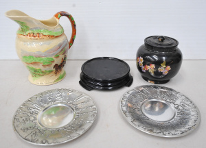 Lot 160 - Small Lot of items incl, Crown Devon Musical Jug, Black Glass Stand, 2
