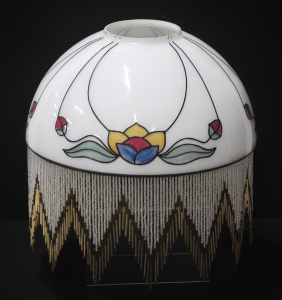 Lot 184 - Art Nouveau style Hand Painted Milk glass light shade with beaded frin