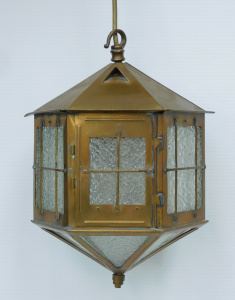 Lot 185 - Vintage Arts and Crafts style brass and pebble glass hanging hexagonal