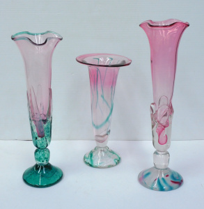 Lot 191 - 3 x Anne Hands Australian Art Glass Trumpet Vases - Turquoise & P