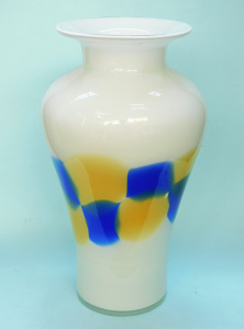 Lot 192 - Art Glass Vase - White with flared rim & central blue & mustar