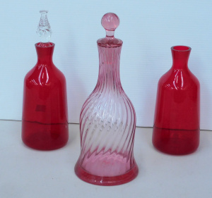 Lot 193 - 3 x Art Glass Decanters inc 2 x Ruby Red - One with clear twisted stop