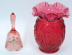 Lot 198 - 2 pces Vintage Fenton Cranberry glass Fluted pleated rimmed Vase with