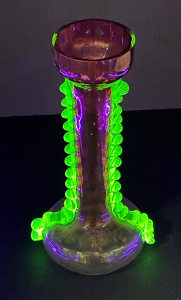 Lot 223 - Victorian Cranberry & Uranium glass candlestick -Ruffled uranium g