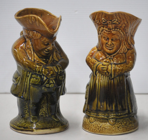 Pair vintage c1880s Sharpe Bros English Majolica Toby Jugs - Mr & Mrs Toppa