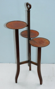Lot 3 - Vintage 3-tiered tripodal mahogany cake stand - 83cm H - note repair sig