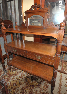 Lot 6 - Edwardian oak 3-tiered mirror backed dumb waiter w 2 drawers - 164cm H