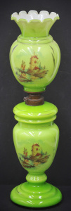 Lot 12 - Victorian 3pce Lime Green Cased Glass Vase - Oil Lamp, Shade & Chi