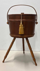 Lot 13 - Vintage round Sewing box with turned tripod legs, handle to top, red sa