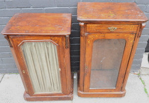 Lot 17 - 2 x Victorian glazed music cabinets on castors w walnut veneer and marq