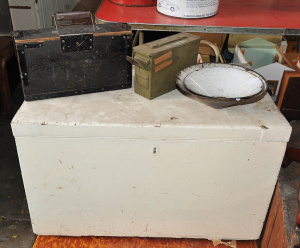Lot 29 - Vintage group inc large white painted wooden trunk (91 5cm W), 2 x ammo
