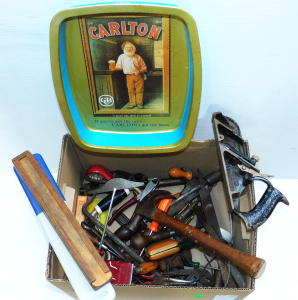 Lot 30 - Box lot of vintage tools and blokey items inc 2 x Stanley planes inc No