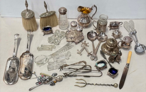 Lot 31 - Box lge qty vintage silver plate etc, cut crystal hat pin holder, 2 UWM
