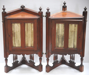 Lot 35 - Pair of Victorian oak wall mounted corner cabinets with velvet backed g