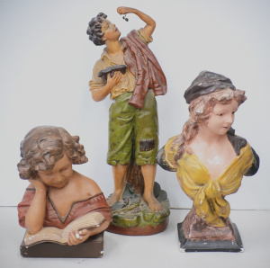 Lot 42 - 3 x Vintage Plasterware Figures inc Boy eating grapes 54cm H, Lady Bust