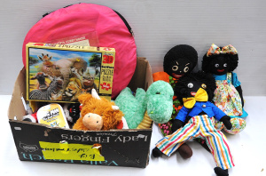 Lot 48 - Box lot Toys inc Vintage Gollies, Kate Finn Emily with tag, Cubby house