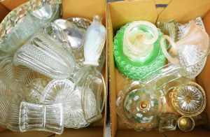 Lot 50 - 2 x Boxes Glass & Crystal inc Green depressing glass plates, Hand p