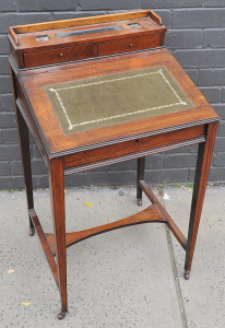 Lot 64 - Vintage Regency style writing desk w rosewood veneer, green leather and