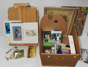 Lot 70 - Box lot art supplies, materials and related items inc miniature easelpa