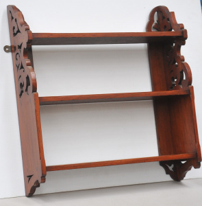Lot 79 - Vintage Arts and Crafts fretwork blackwood 3-shelf wall mounted unit -