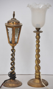 Lot 80 - 2 x vintage Heavy Brass Barley Twist Lamps - taller w Vaseline Glass Sh