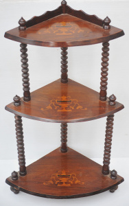 Lot 81 - Vintage 3-teired ceder what-not w marquetry inlay and bobbin columns- 8