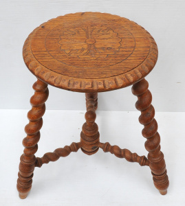 Lot 85 - 3-legged Jacobean Revival elm stool with barley twist legs and struts,
