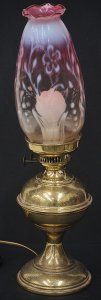 Lot 89 - Vintage English Brass converted Oil Lamp with Ruby & frosted white