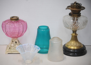 Lot 91 - Group of Victorian glass lighting parts inc rose glass and cast iron oi