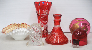Lot 104 - Group of vintage quality glass inc ruby gilt and pressed vases (taller