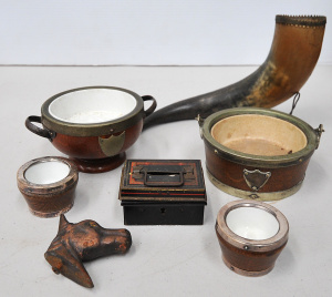 Lot 115 - Group lot Vintage items inc Engraved Horn with metal mount , Bronze Ho