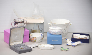 Lot 117 - Grp lot of English China-Glass inc Boxed Wedgwood Angela Trinket Box,
