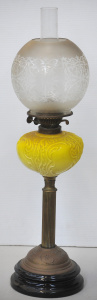 Lot 123 - Victorian oil lamp with blackglazed and brass fluted column base and