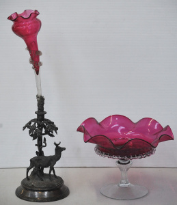 Lot 133 - 2 x pieces of Victorian hand-blown ruby glass inc stemmed ruffled frui