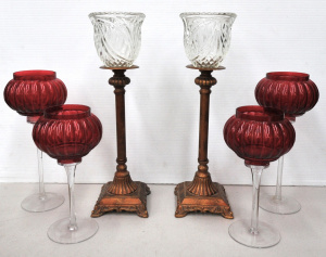 Lot 134 - 3 x pairs of hurricane candlesticks inc 2 x pairs of ribbed ruby glass
