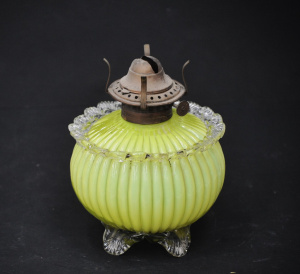 Lot 143 - Victorian Pale Green Oil Lamp - ribbed ball shaped with clear ruffle e