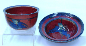 Lot 161 - 2 x vintage Australian Studio Pottery red and blue drip glazed bowls b