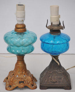 Lot 182 - 2 x Electrified Victorian oil lamp with cast iron bases and blue glass