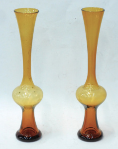 Lot 197 - Pair Mid Century Amber Art Glass Vases Onion shaped lower chamber with