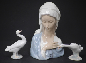 Lot 203 - 3 pces Vintage Lladro inc Madonna Head Model 4649 23cm H, Little Duck