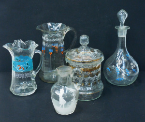 Lot 204 - 5 pces Victoria hand painted clear glass inc Decanter with Bluebells &