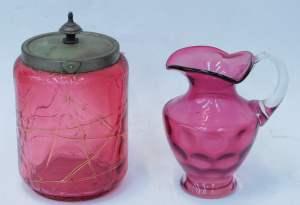 Lot 215 - 2 pces Victorian Ruby glass inc Jug with dimple body & clear handl
