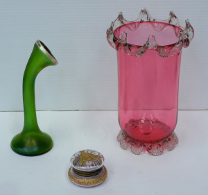 Lot 223 - 3 pces Victorian Glass inc Loetz style Gooseneck Vase with Hallmarked