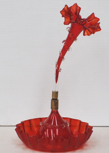 Lot 224 - Victorian Ruby Glass Epergne - Ruffled base Bowl w single Trumpet Vase